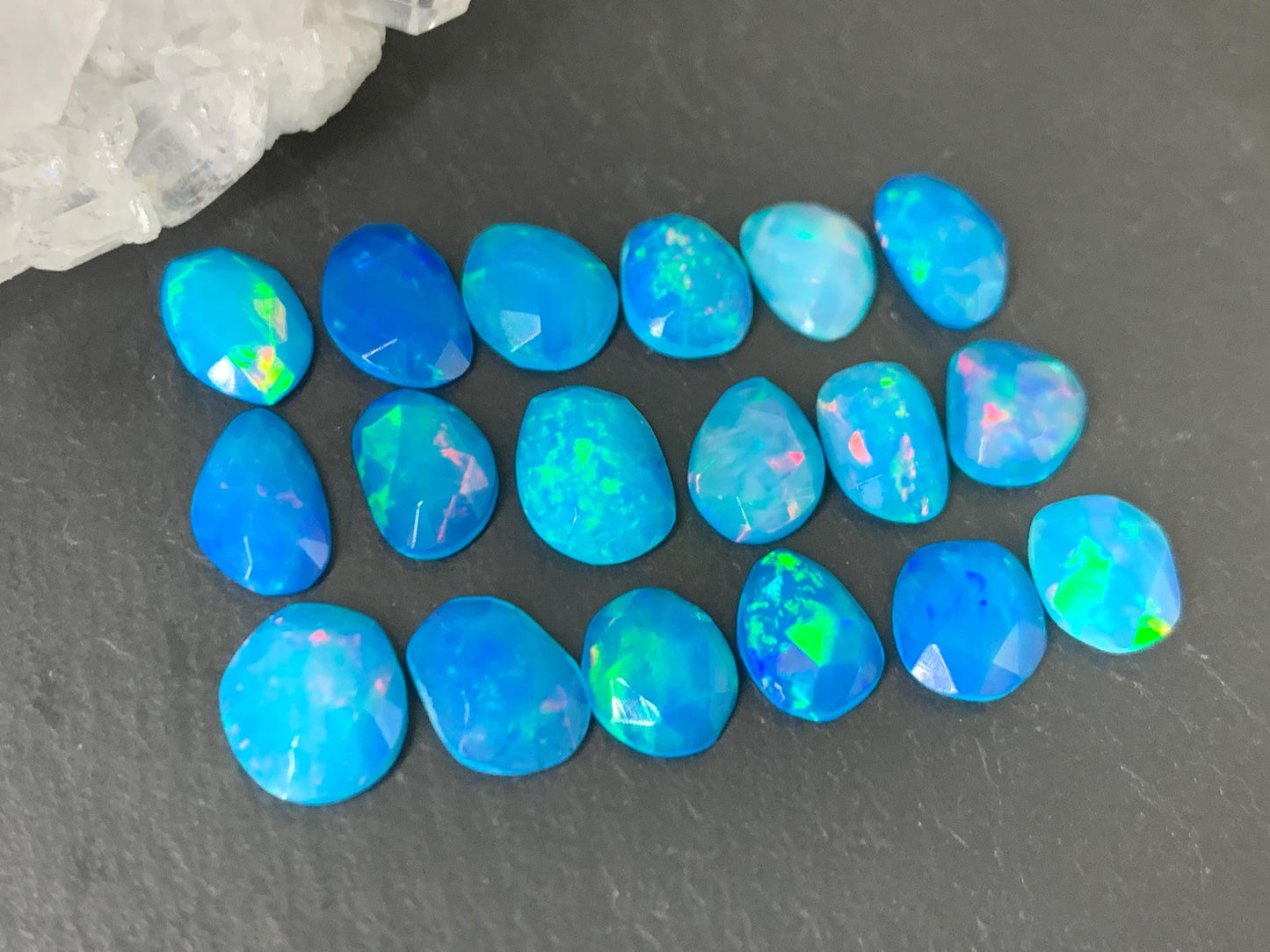 Faceted Blue Ethiopian Opal 8-9mm long cabochon