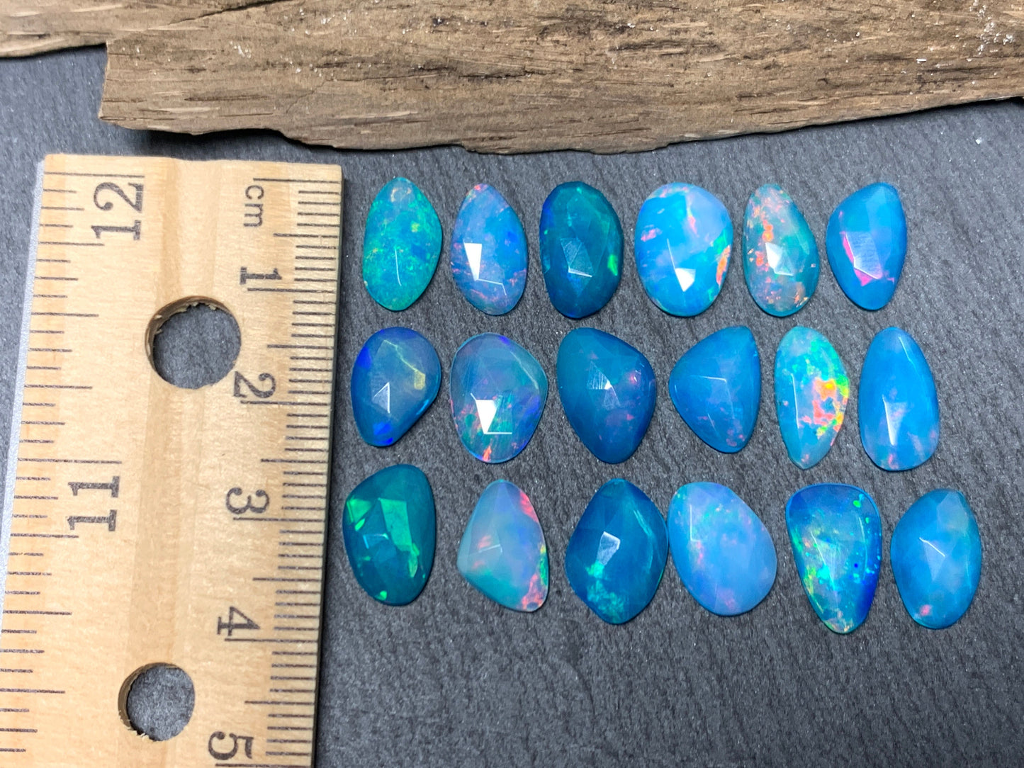 Faceted Blue Ethiopian Opal 11-12mm long cabochon