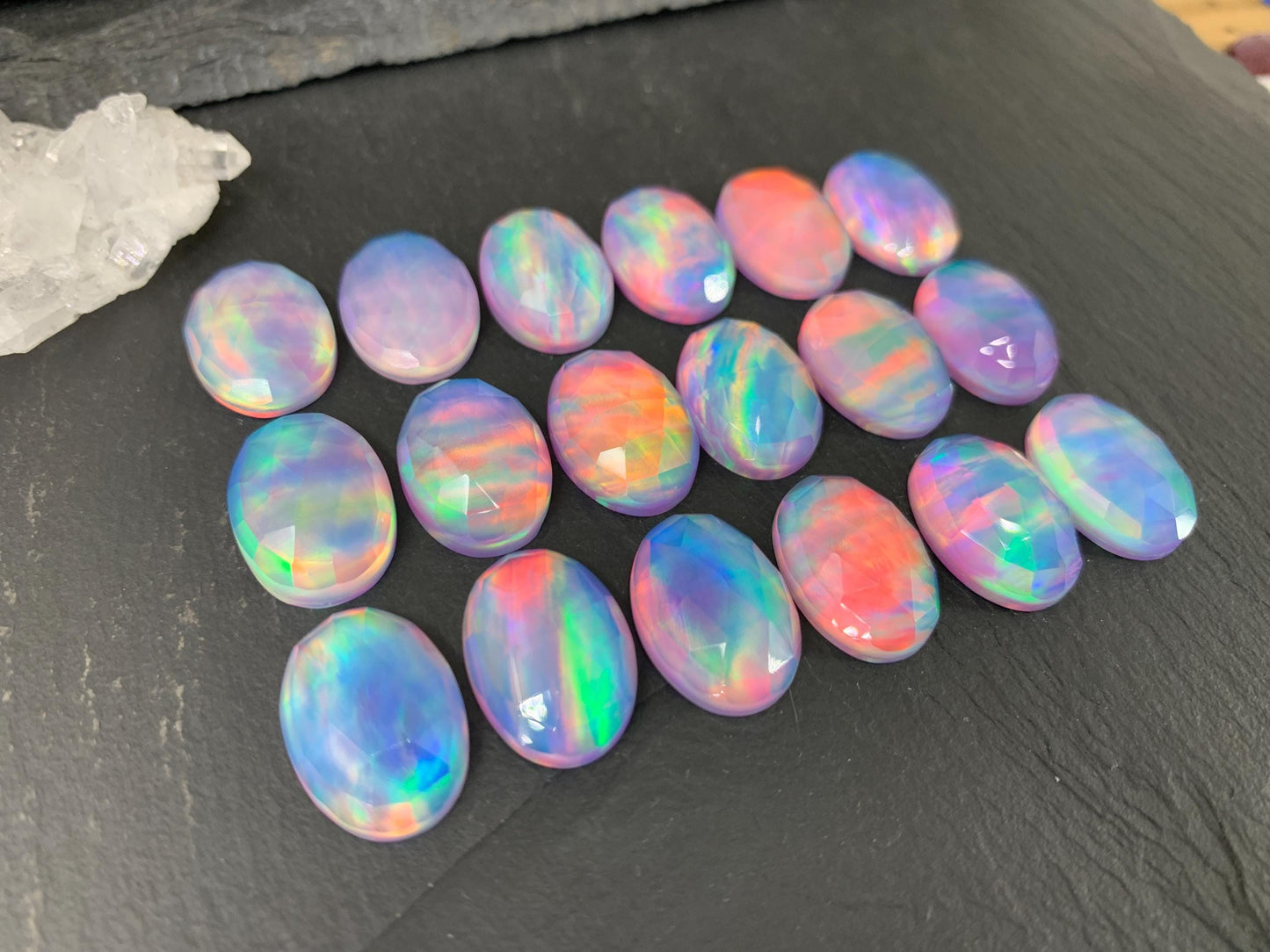 Faceted Aurora Opal Oval Doublet Stone - 13x18mm Rose Cut Gemstone Cabochon