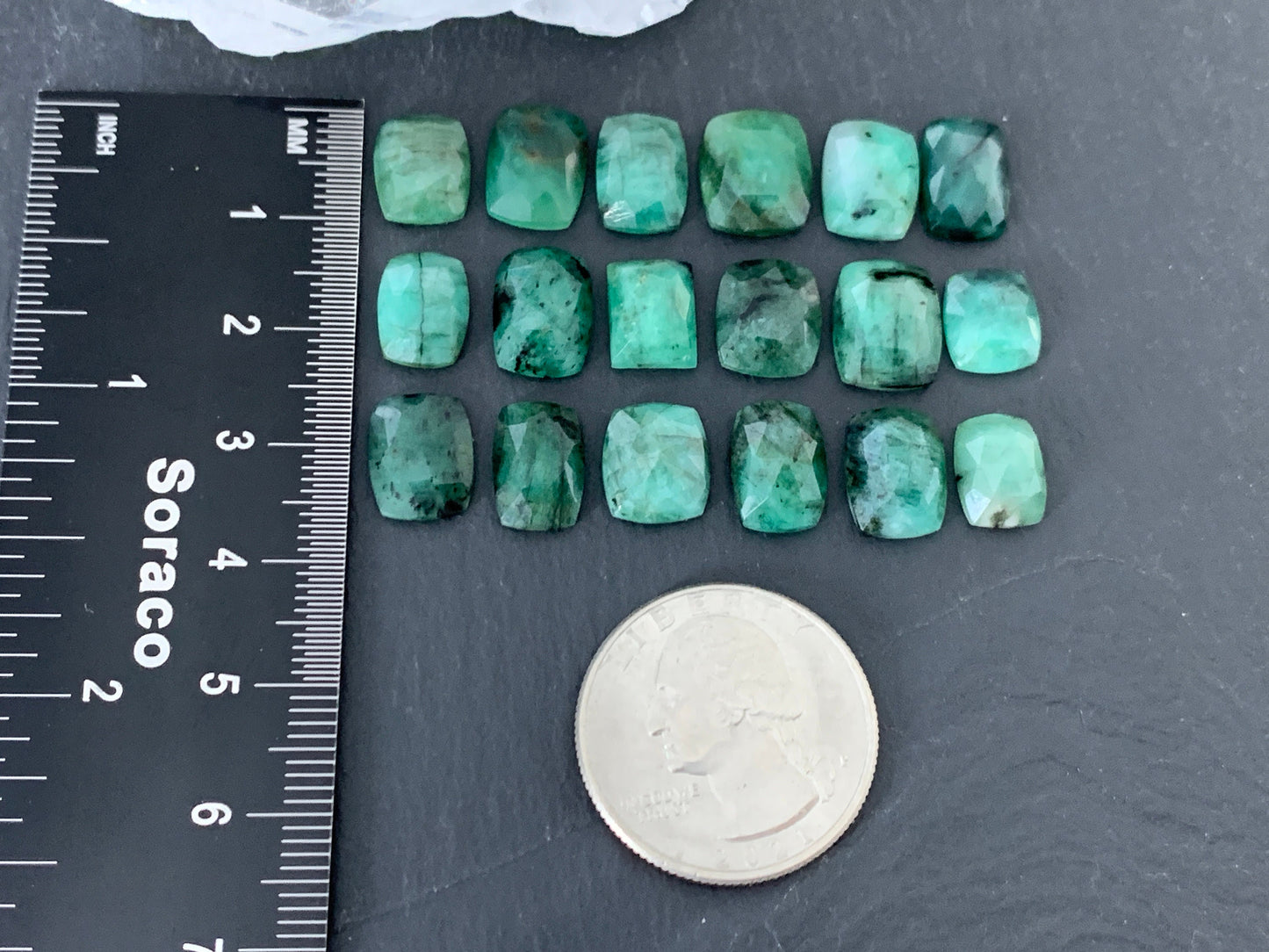 Emerald Faceted rectangle 9-11mm long cabochon