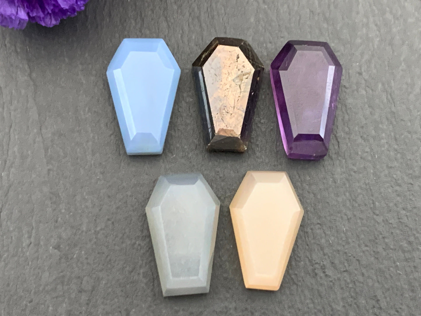 Faceted coffin 10x16mm cabochon- Blue Opal, Star Sapphire, Amethyst, Grey Moonstone, Peach Moonstone