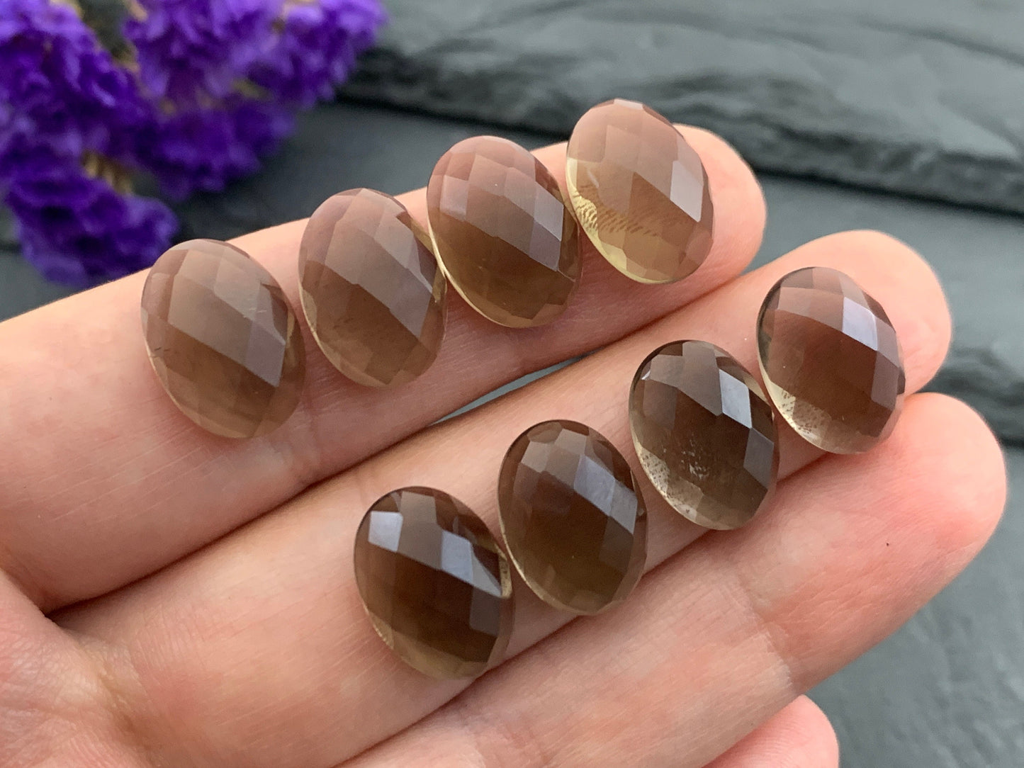 Faceted Smokey quartz oval 10x14mm cabochon - Calibrated cabochons