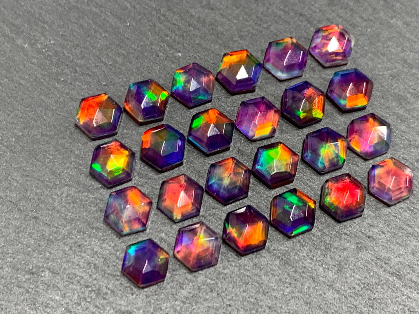 Faceted Aurora Opal hexagon 7mm cabochon - Doublet cabochons