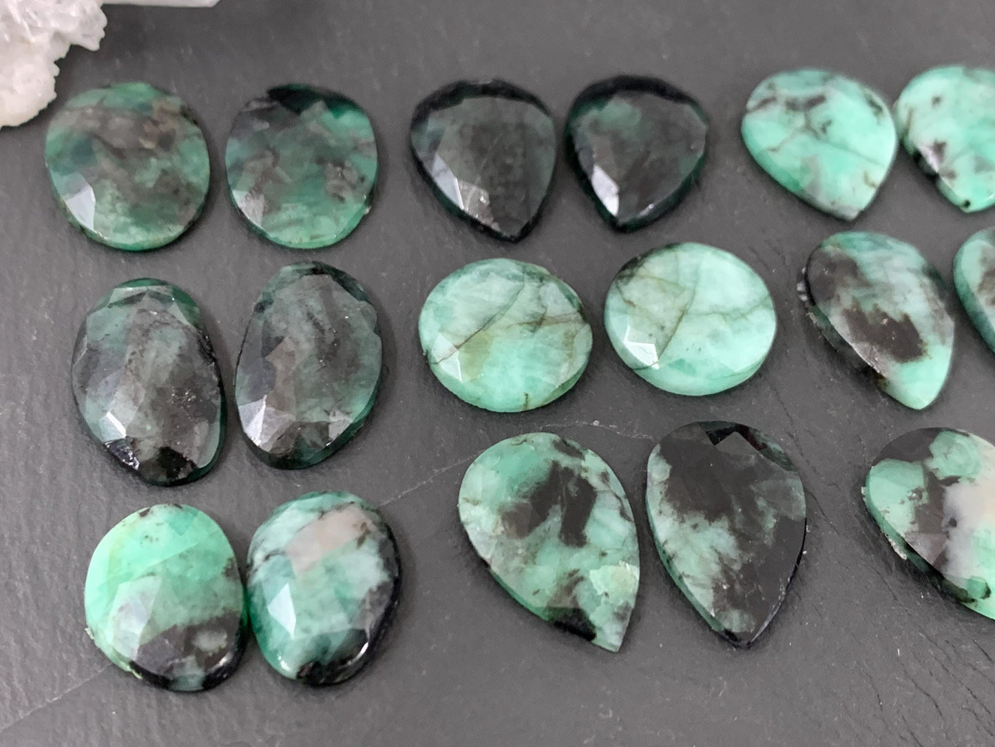 Faceted Emerald Pair 14-18mm long cabochons