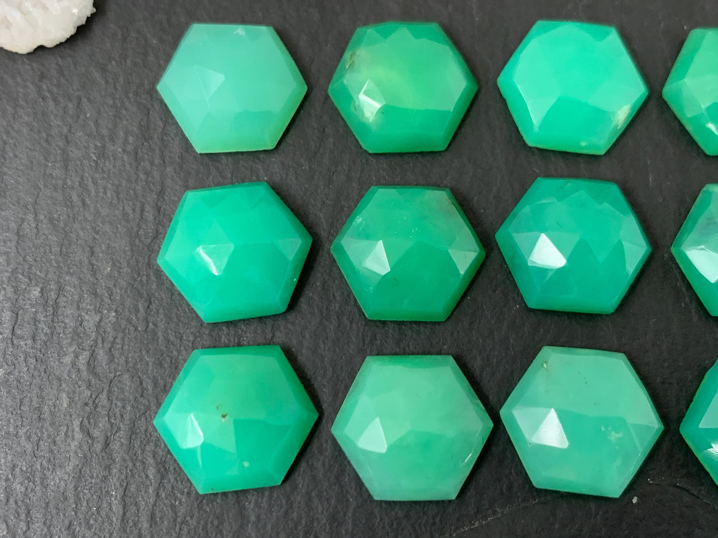 Faceted Chrysoprase hexagon 10mm cabochon