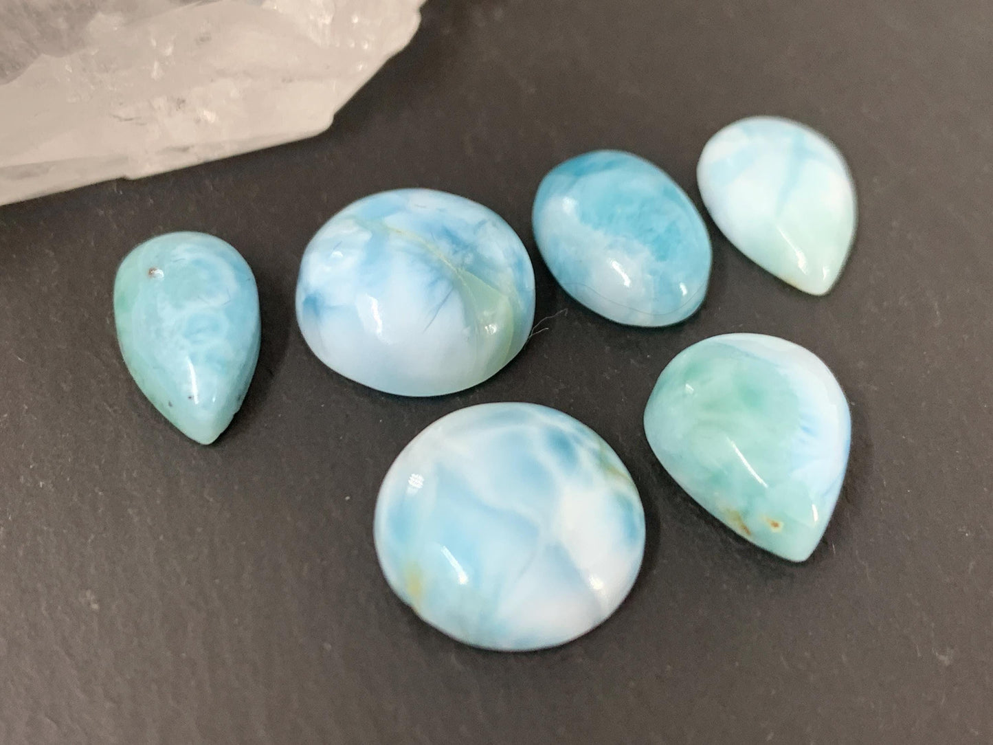 Larimar cabochon 13mm long pear, round, oval