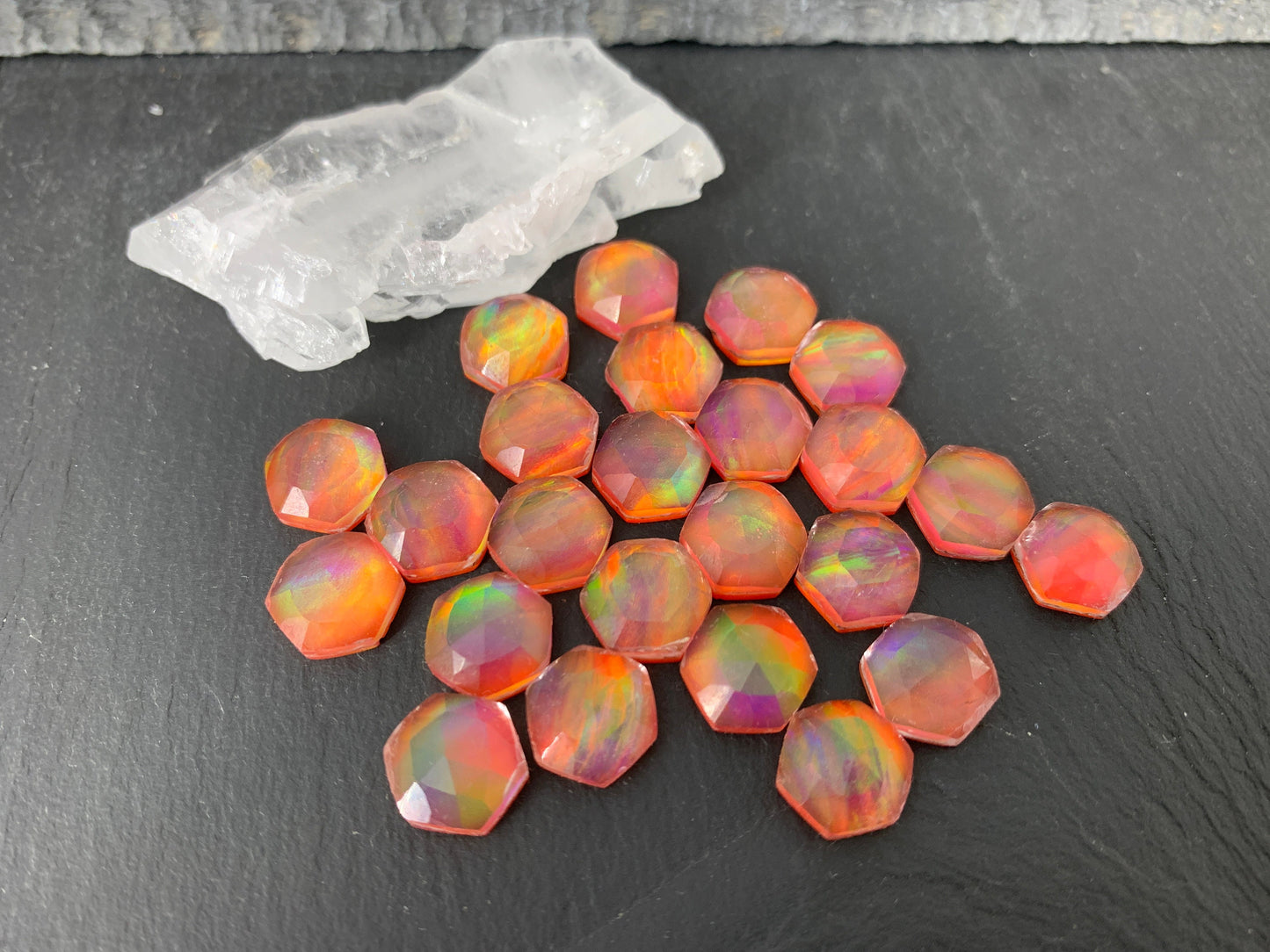 Faceted Orange Aurora Opal hexagon 10mm cabochon - Doublet cabochons