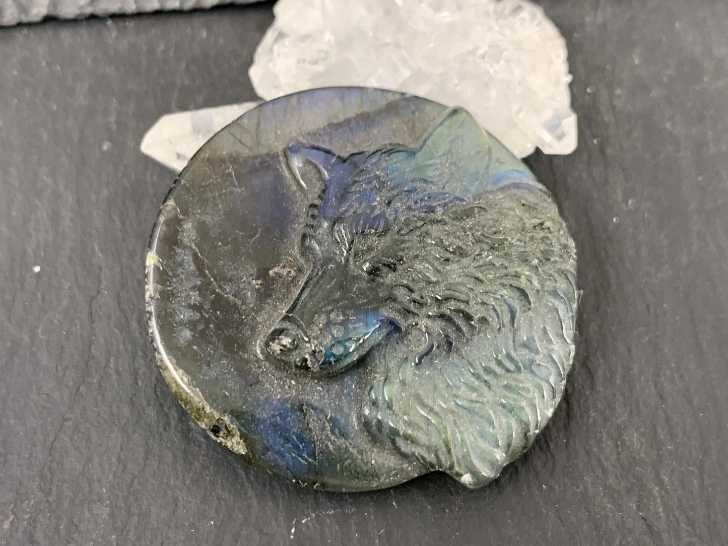 Labradorite Wolf Carving - 40mm Natural Gemstone Flat Back Design