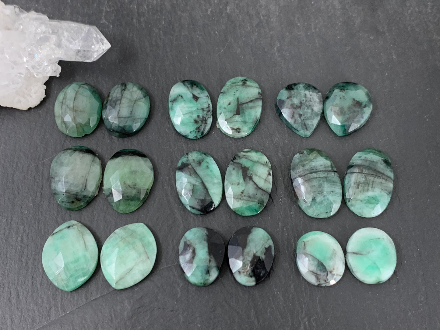 Faceted Emerald pair 14-18mm long cabochon