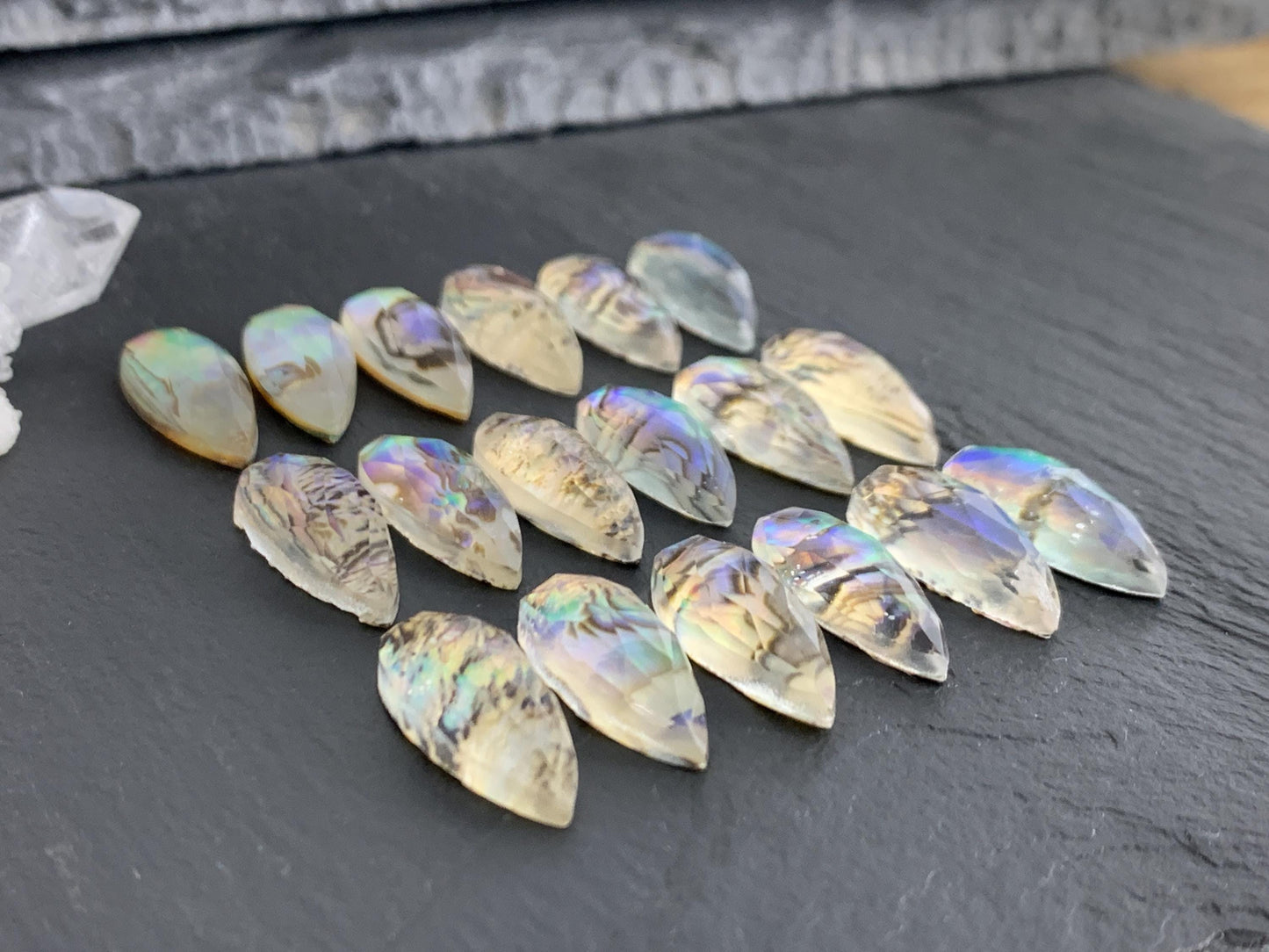 Faceted Abalone pear 8x20mm doublet cabochon