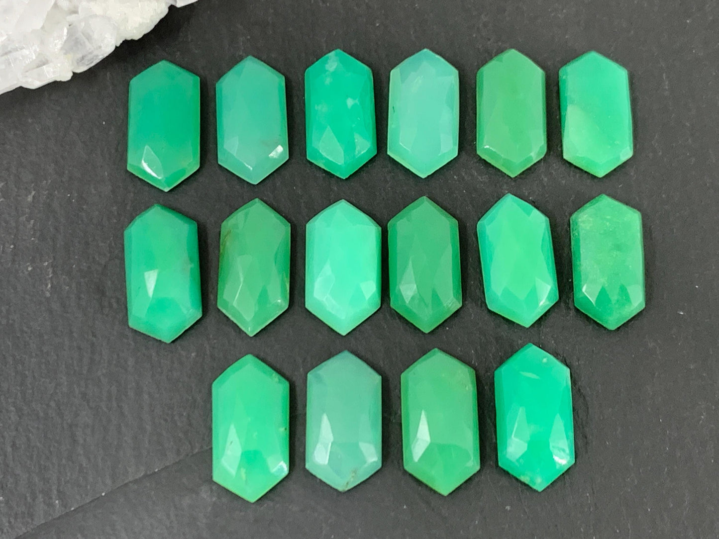 Faceted Chrysoprase Cabochon – Long Hexagon 8x16mm Faceted Top Gemstone