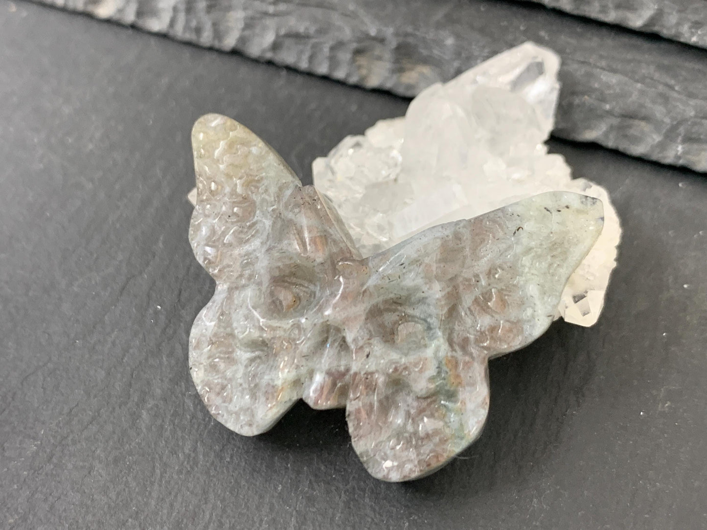Natural Labradorite Carving - Ghost Face Butterfly 29x40mm Flat Back Gemstone