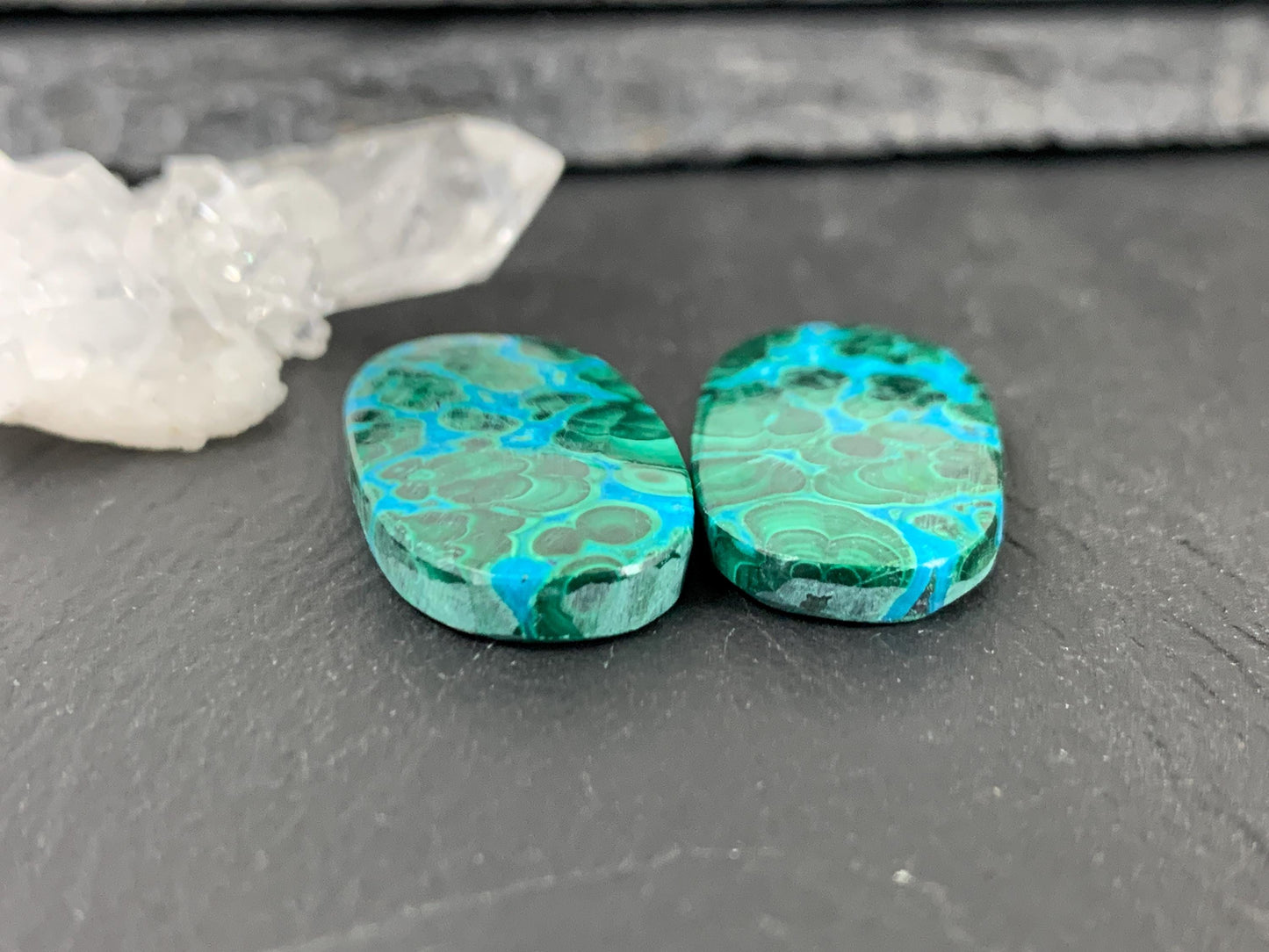 Malachite Chrysocolla oval 14x28x4mm cabochon pair