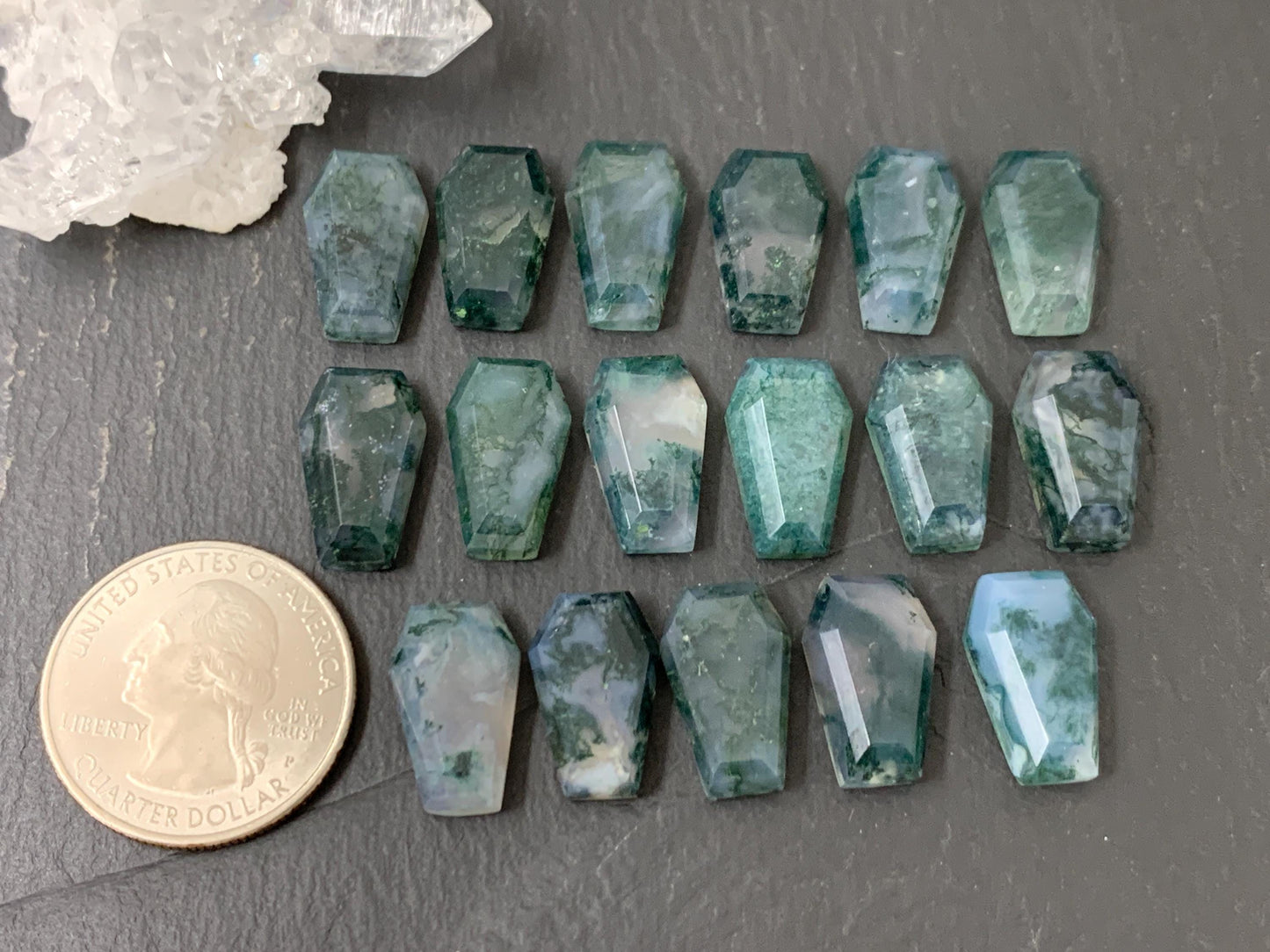 Faceted Moss Agate coffin 10x16mm cabochon