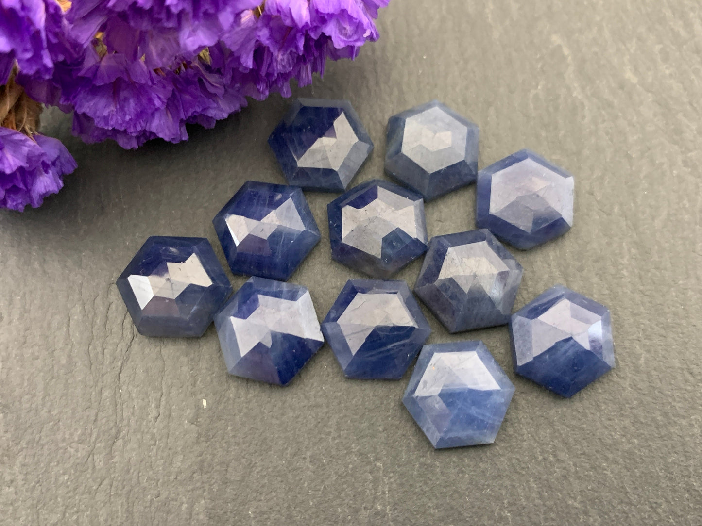 Faceted Blue Sapphire hexagon 10mm cabochon