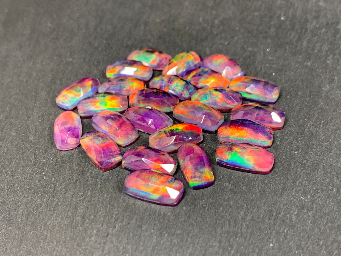 Faceted Aurora Opal rectangle 7x14mm cabochon - Doublet cabochons