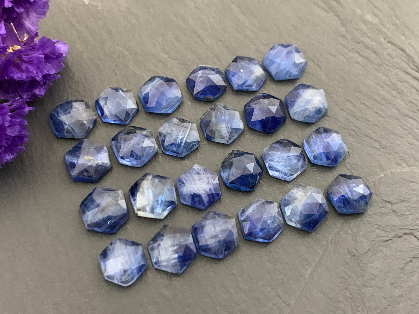 Faceted Kyanite Hexagon 8mm Cabochon - Natural Blue Gemstone Cut