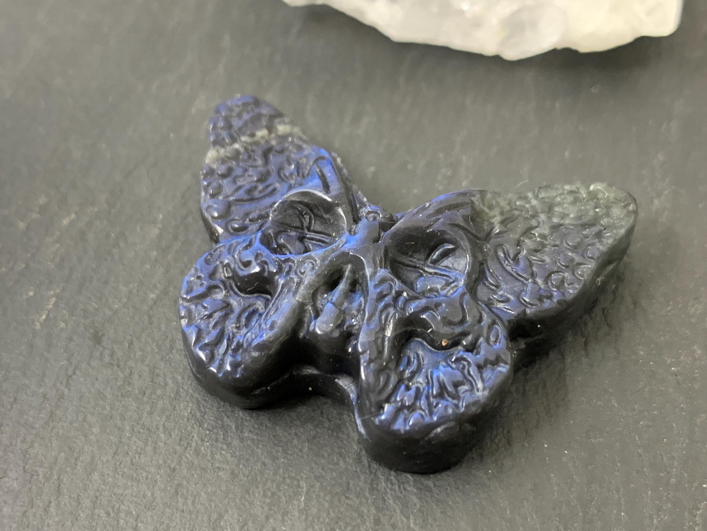 Labradorite Butterfly Carving 28x40mm Flat Back Gemstone - Hand Carved Ghost Face Design