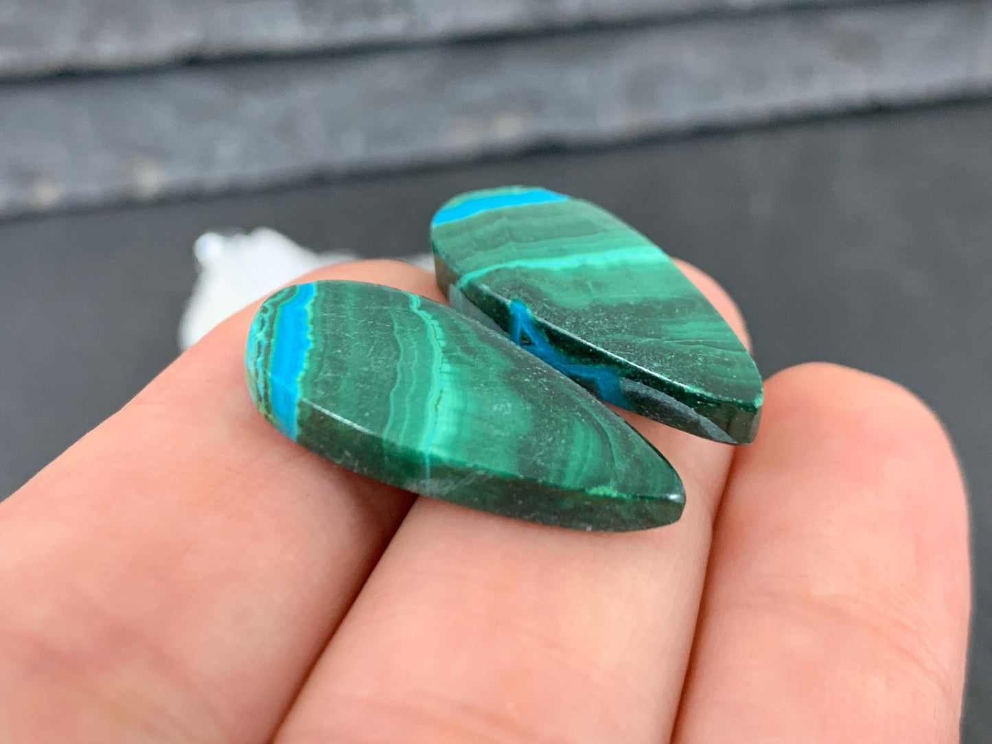Malachite Chrysocolla pear 11x23x3.5mm cabochon pair
