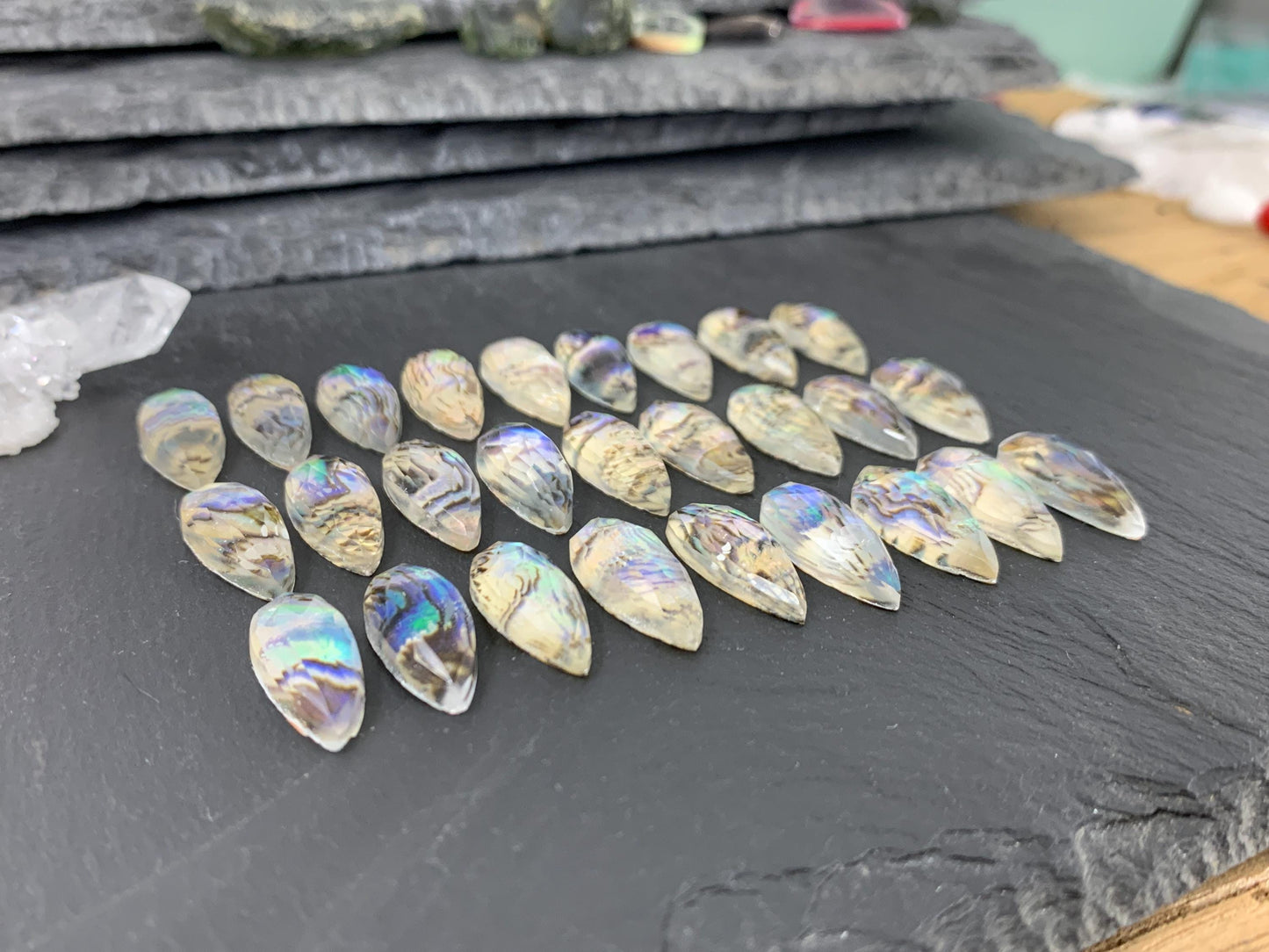 Faceted Abalone pear 8x20mm doublet cabochon