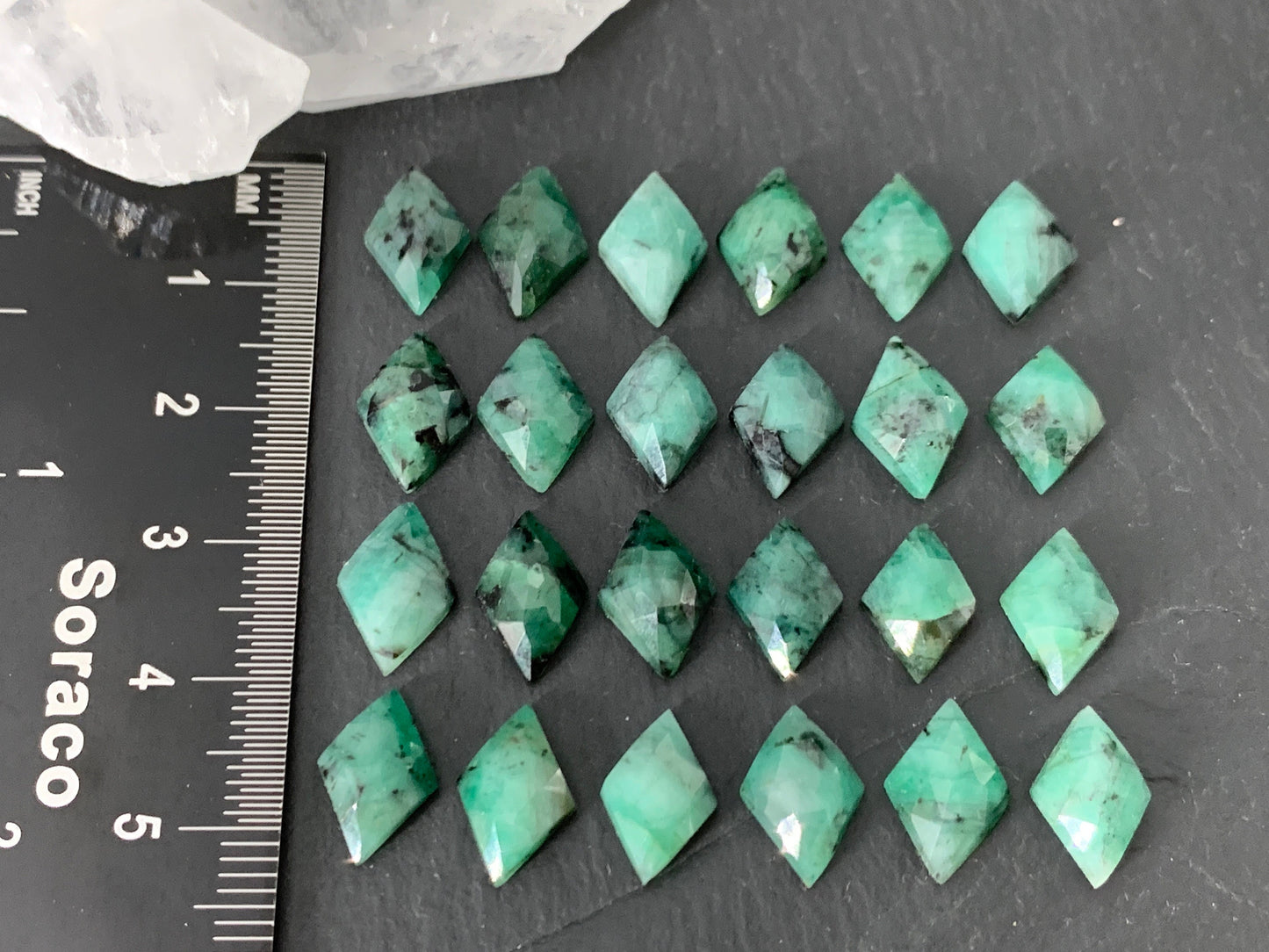 Faceted Emerald rhombus 11-12mm long cabochon/ W381