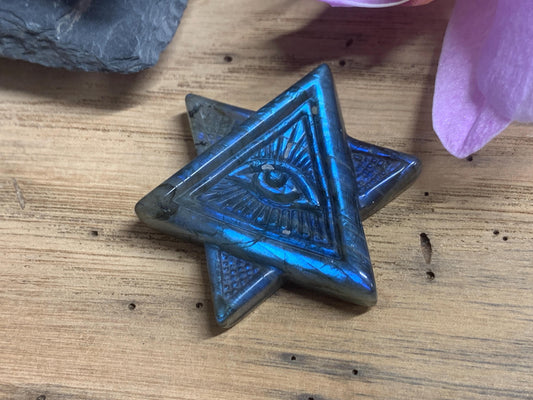 Labradorite All Seeing Eye 46x41 mm Carving. Hand Carved Labradorite Merkaba Star