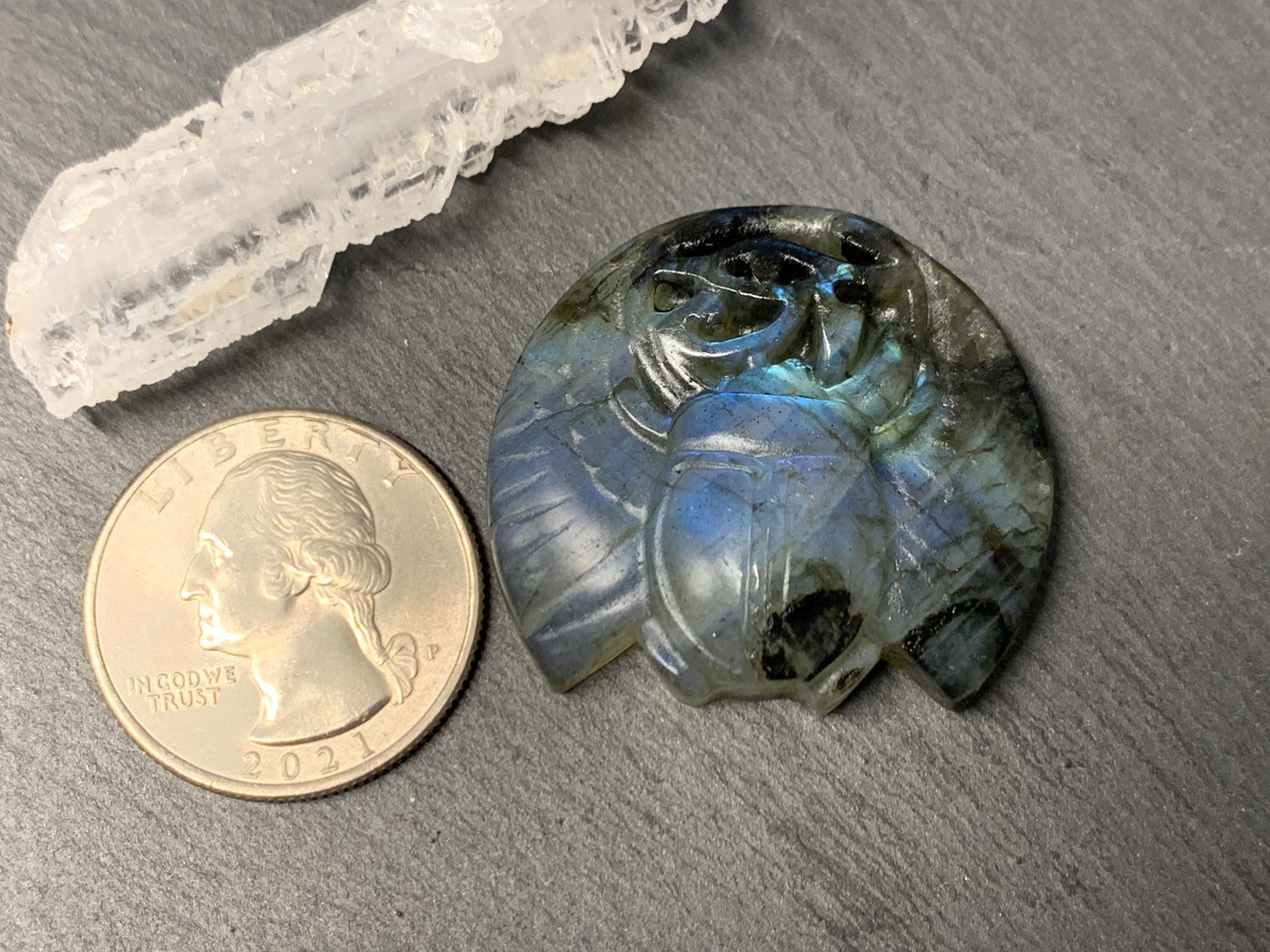 Labradorite Scarab Carving: Ancient Egyptian Eye of Horus Symbol of Protection (34x31mm)