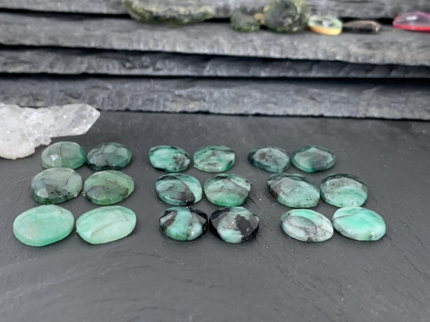 Faceted Emerald pair 14-18mm long cabochon