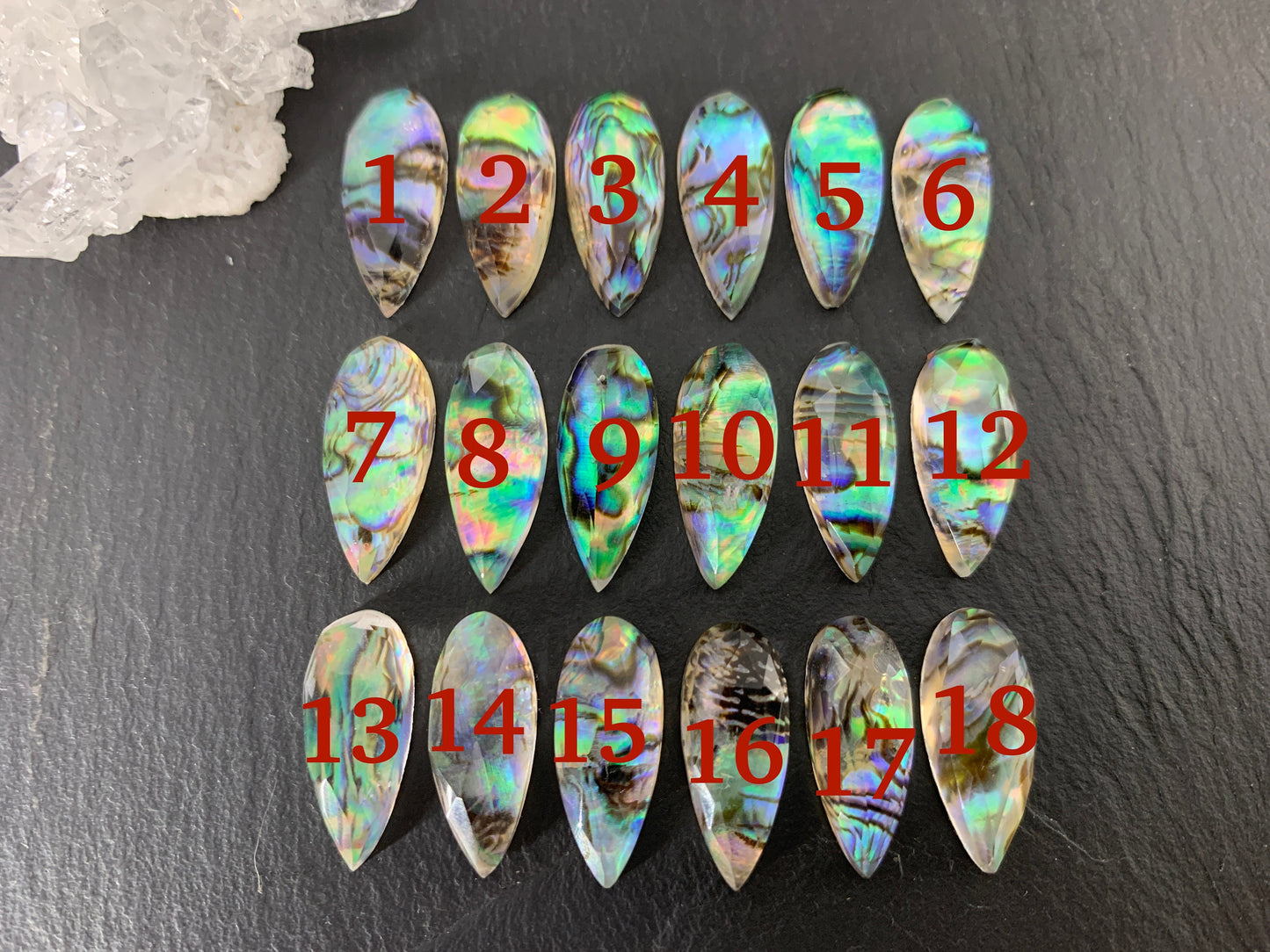 Faceted Abalone Crystal pear 10x20mm doublet cabochon