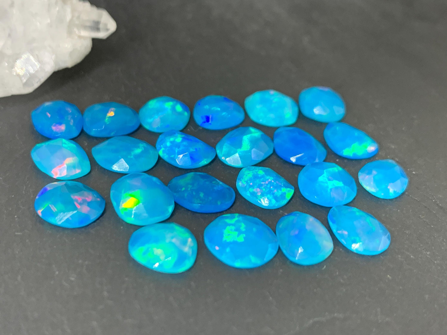 Faceted Blue Ethiopian Opal 8-9mm long cabochon