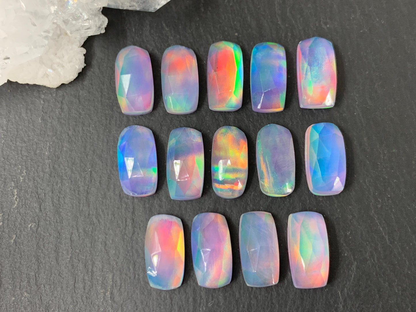 Faceted Aurora Opal rectangle 6x12mm cabochon - Doublet cabochon