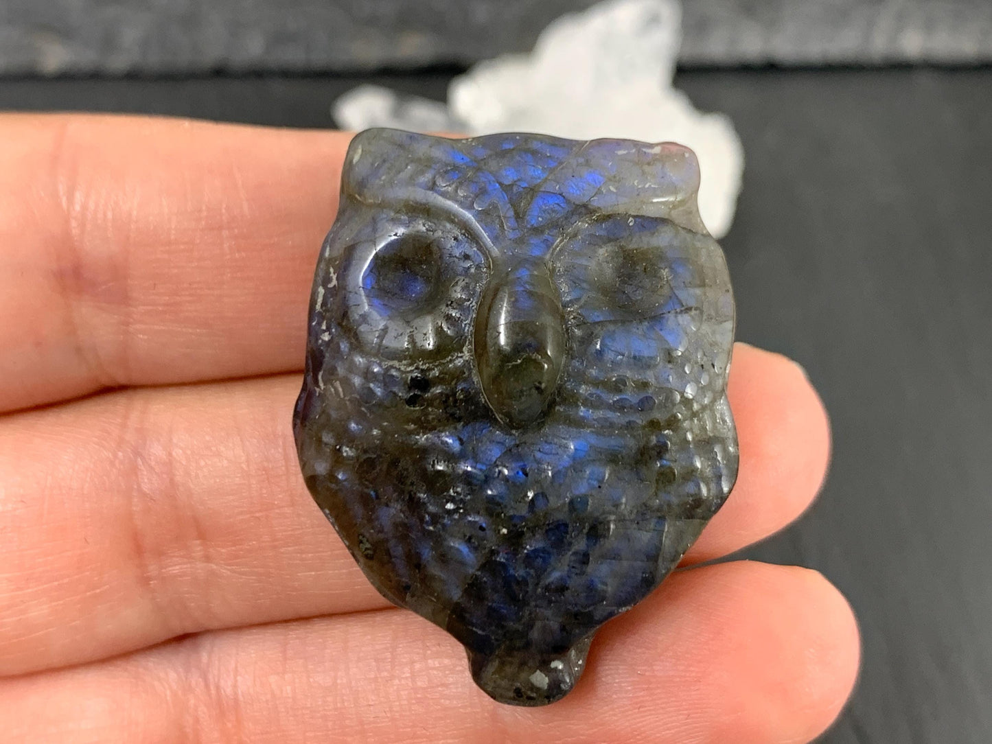 Labradorite Owl Carving 27x35mm Flat Back Gemstone - Natural Iridescent Stone