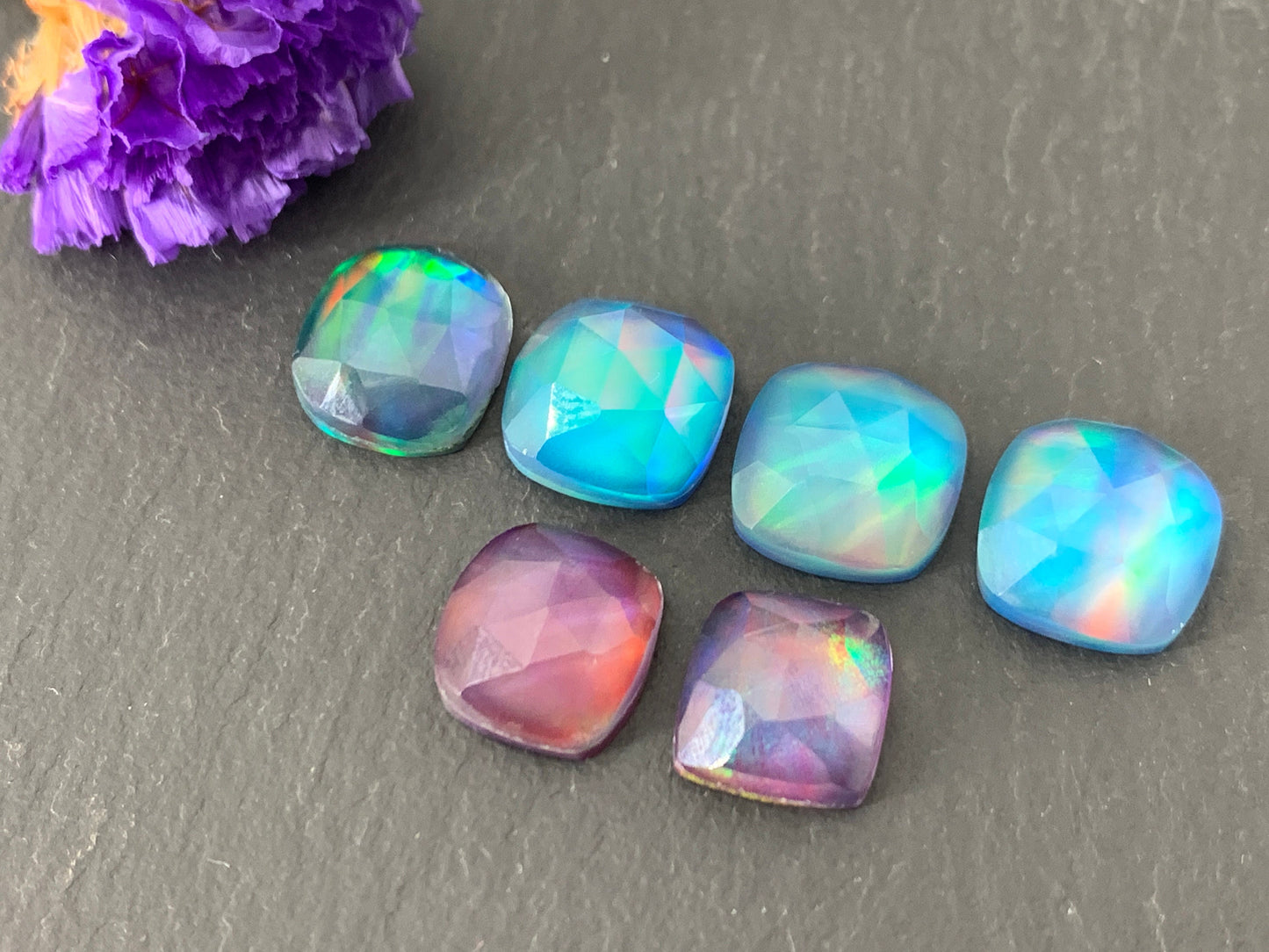 Faceted Aurora Opal square cabochon - Doublet cabochon