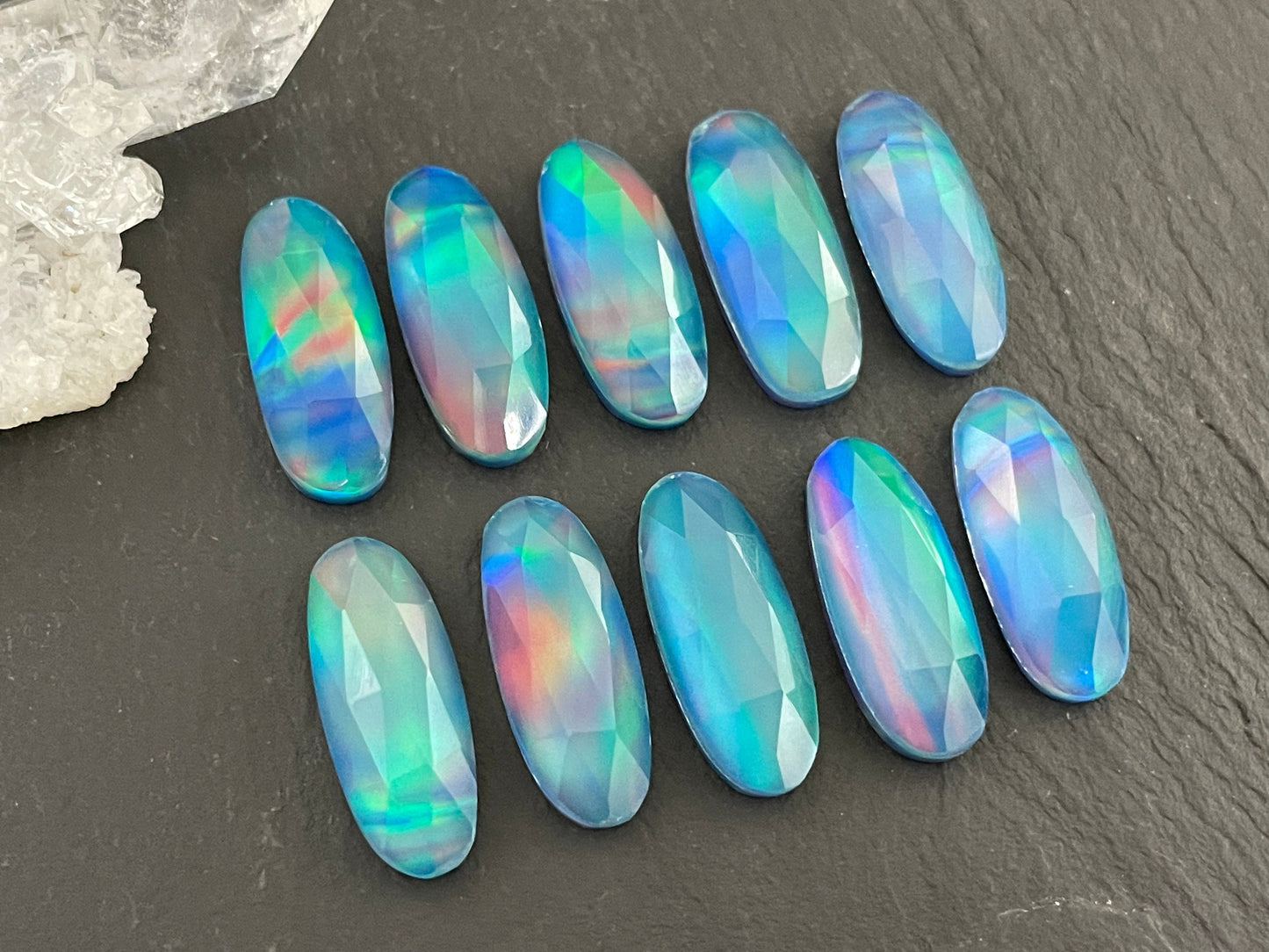 Faceted Aurora Opal oval 8x20mm cabochon - Doublet cabochons