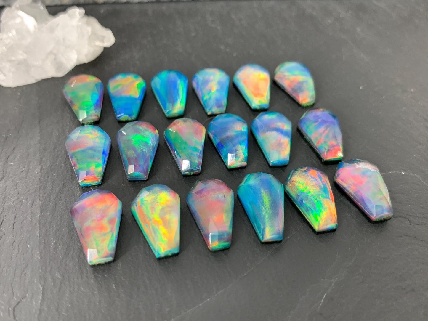 Faceted Aurora Opal coffin 10x16mm cabochon - Doublet cabochons