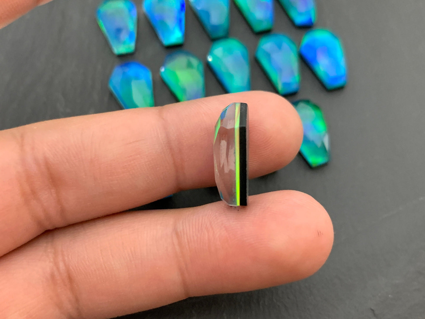Faceted Aurora Opal coffin 10x16mm cabochon - Doublet cabochons