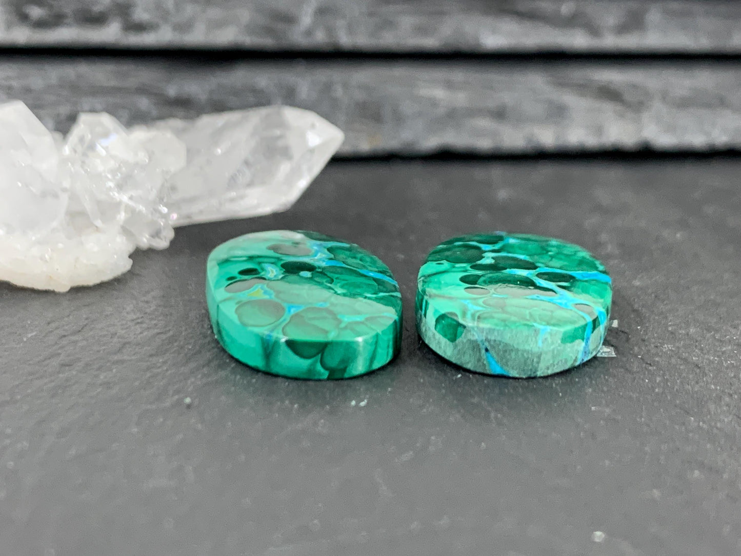 Malachite Chrysocolla oval 13x24x4mm cabochon pair