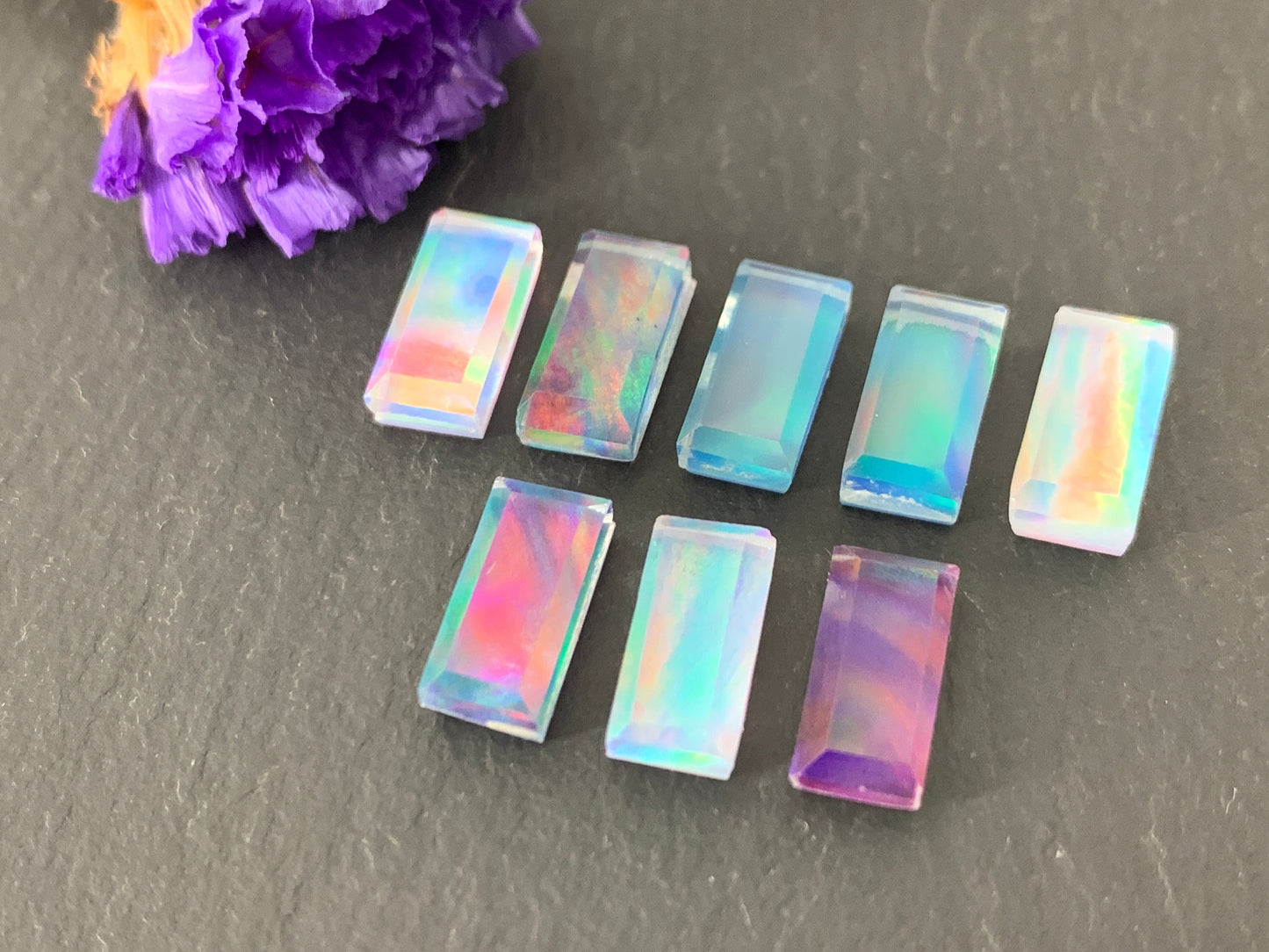 Step Cut Aurora Opal 5x9mm cabochon - Doublet cabochons