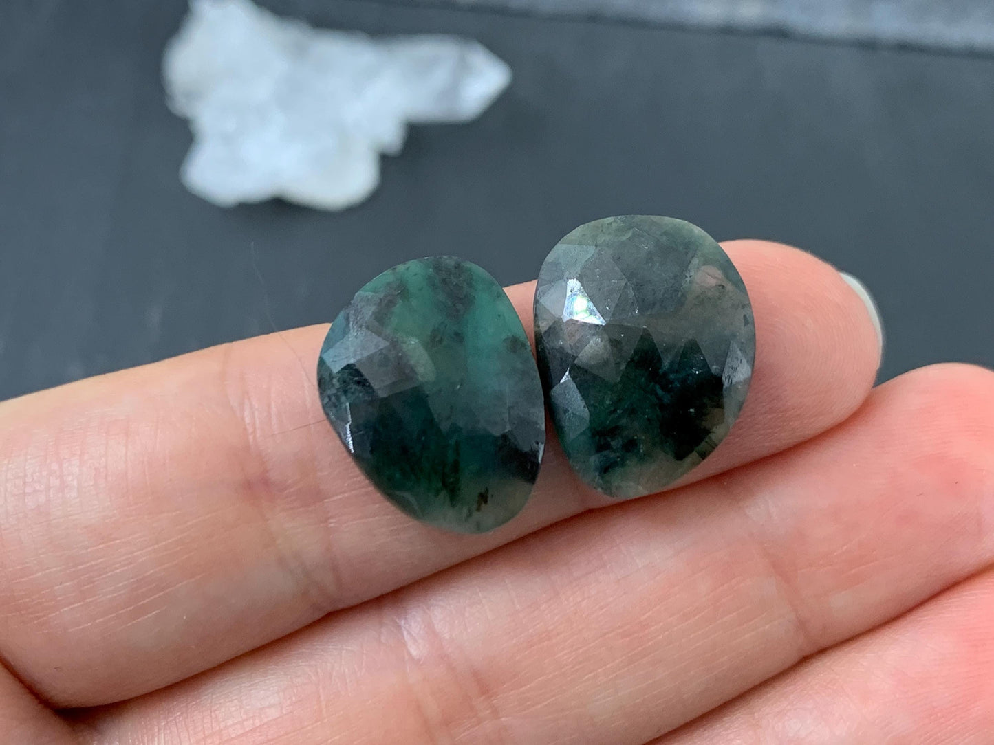 Faceted Emerald pair 13x17x4mm cabochon