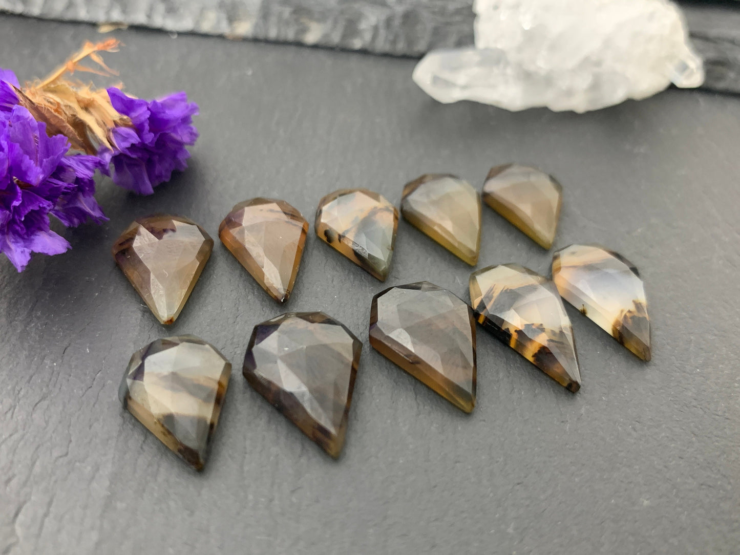 Faceted Montana Agate shield 16-17mm long cabochon