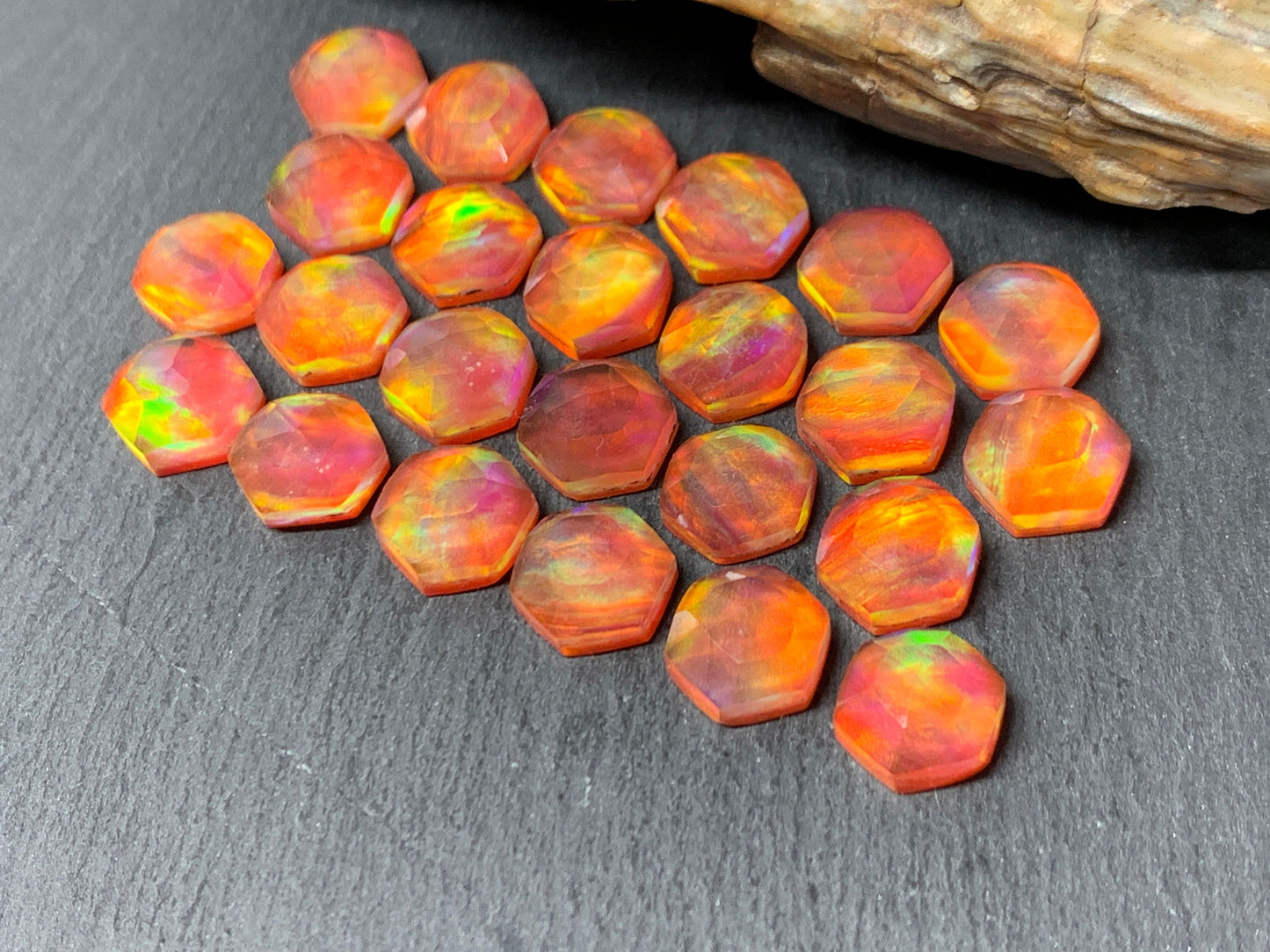 Faceted Orange Aurora Opal hexagon 10mm cabochon - Doublet cabochons