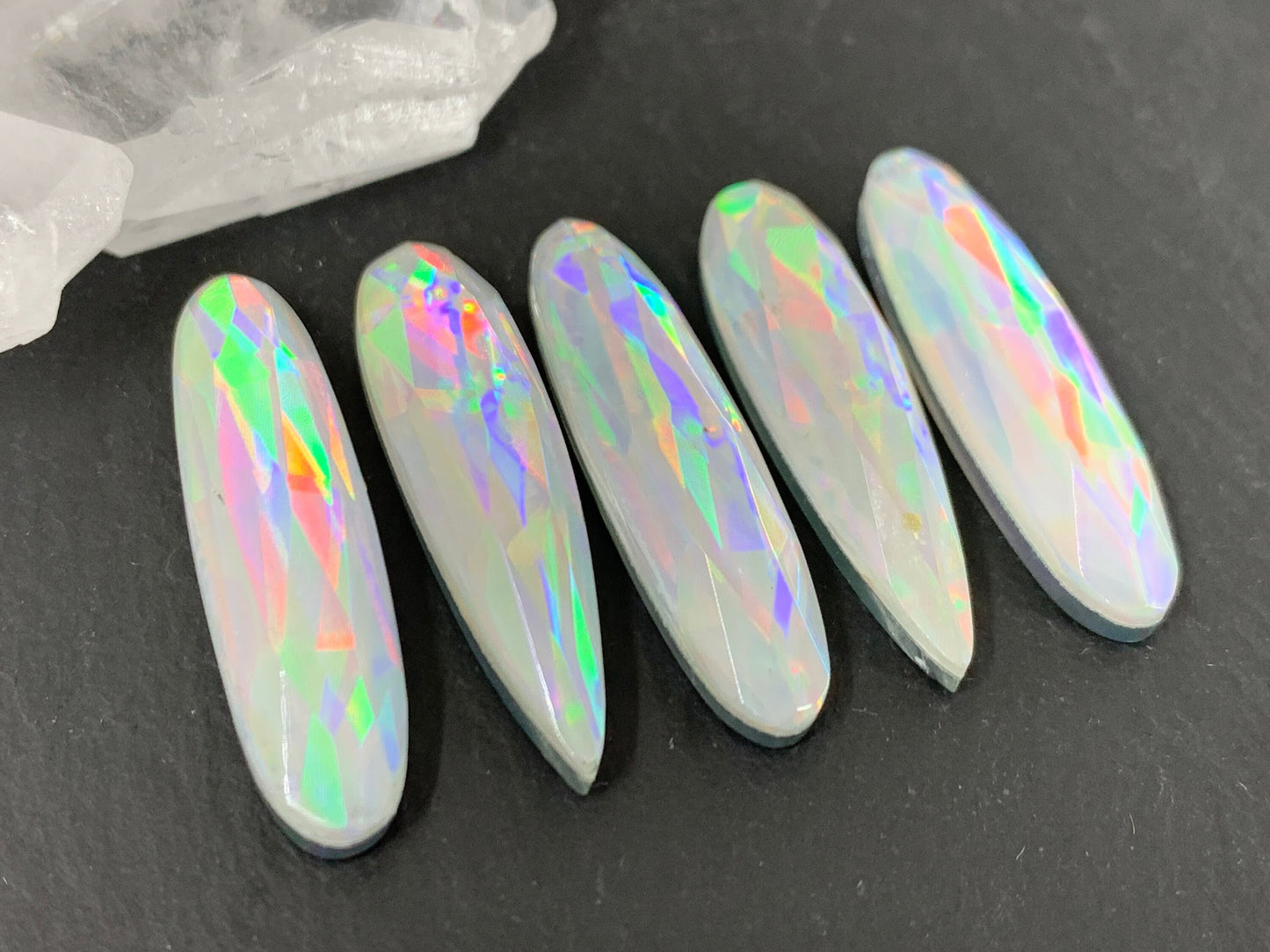 Faceted Mystic Rainbow Quartz pear, oval 8x30mm cabochon doublet