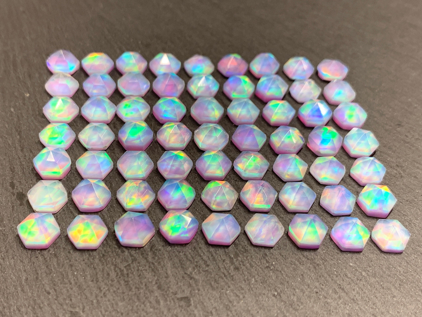 Faceted Aurora Opal hexagon 7mm cabochon - Doublet cabochons