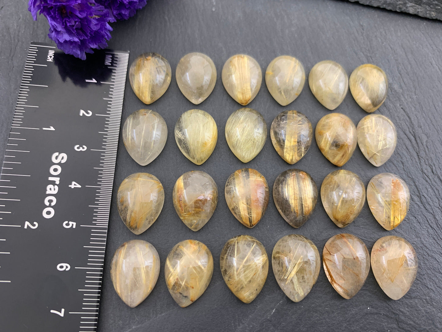 Gold Rutilated Quartz pear 12x16mm cabochon - Calibrated cabochons