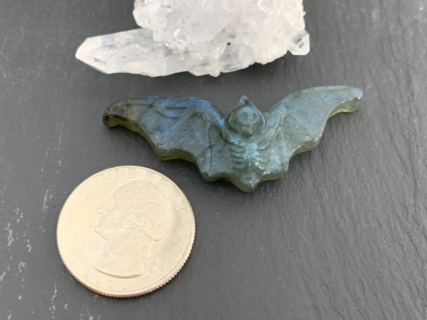 Labradorite skeleton bat 18x48mm flat back carving