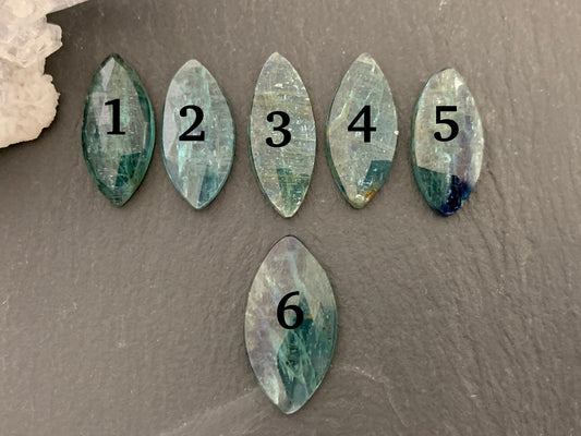 Faceted Emerald Green Kyanite marquise 21-22mm long cabochon