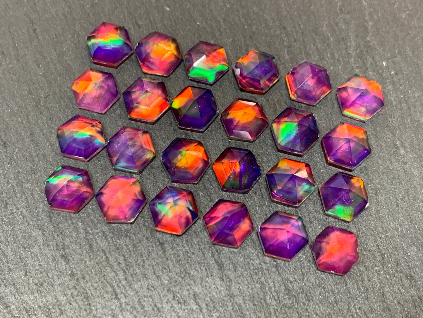 Faceted Aurora Opal hexagon 8mm cabochon - Doublet cabochon