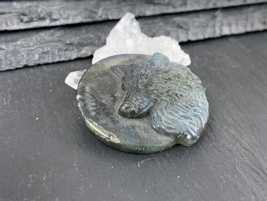 Labradorite Wolf Carving - 40mm Natural Gemstone Flat Back Design