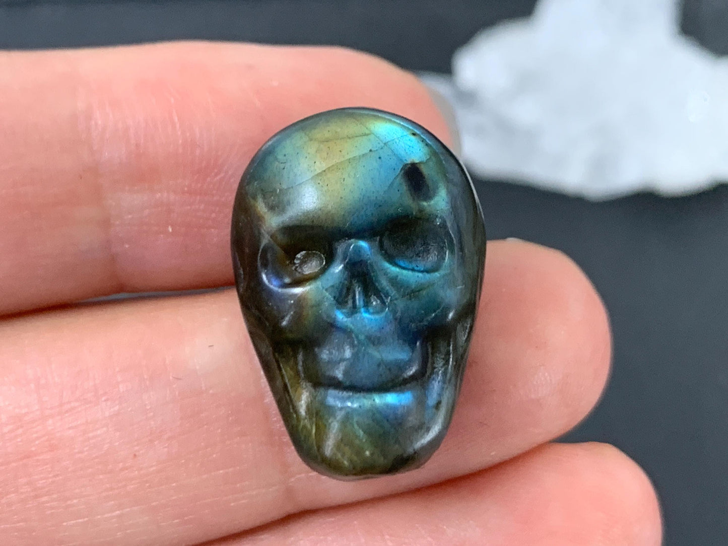 Labradorite Skull Cabochon 15x22mm - Natural Green Gemstone Flat Back Carving