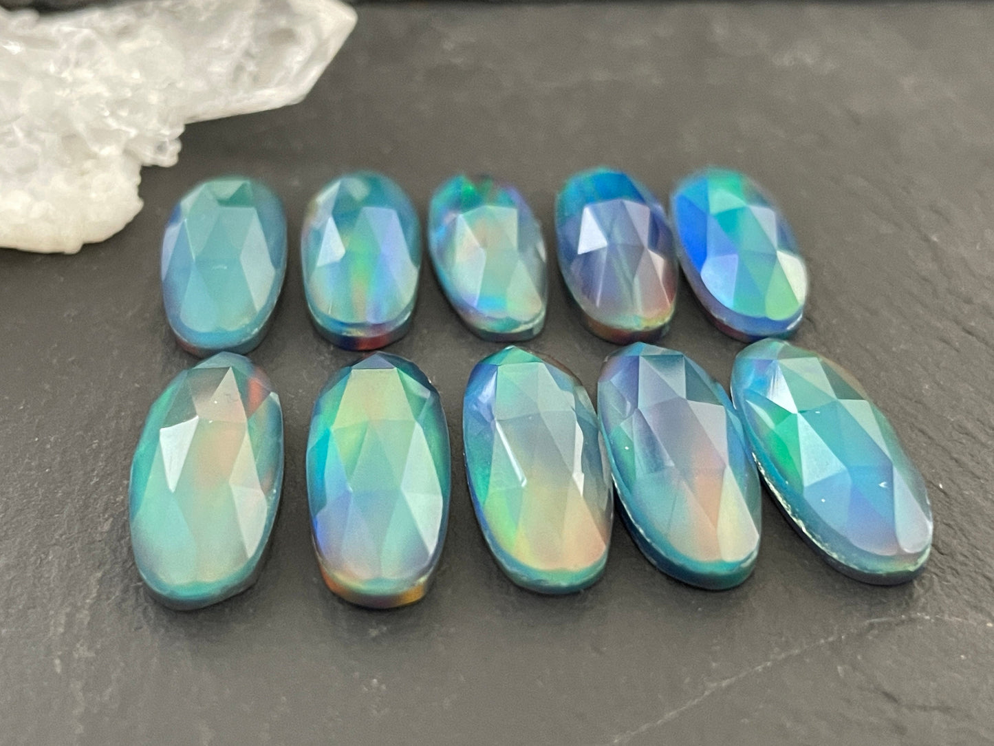 Faceted Aurora Opal oval 8x20mm cabochon - Doublet cabochon